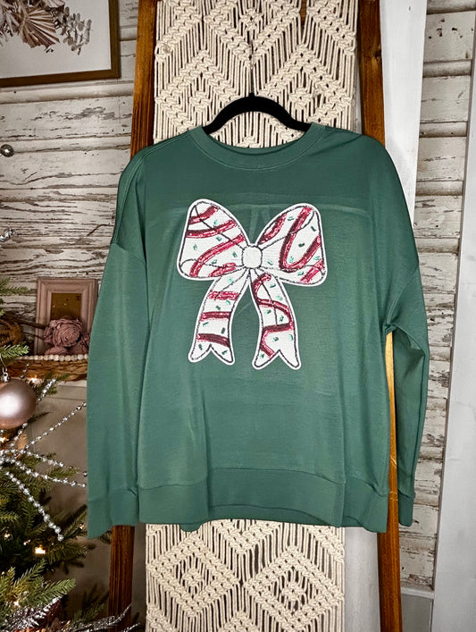 Sequin Candy Cane Bow Sweatshirt