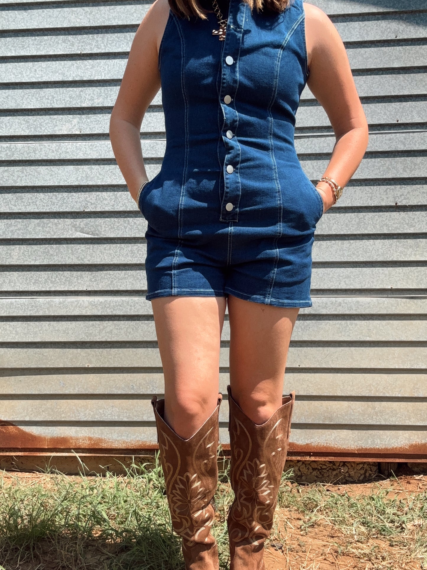 Button Up Sleeveless Denim Romper