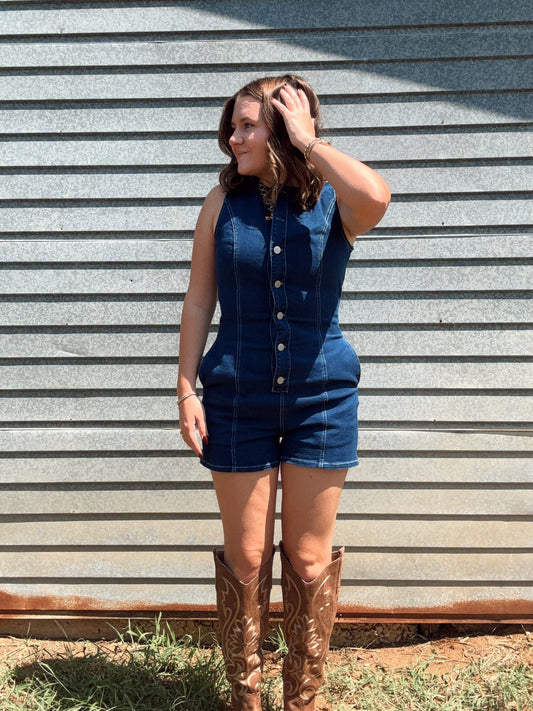 Button Up Sleeveless Denim Romper