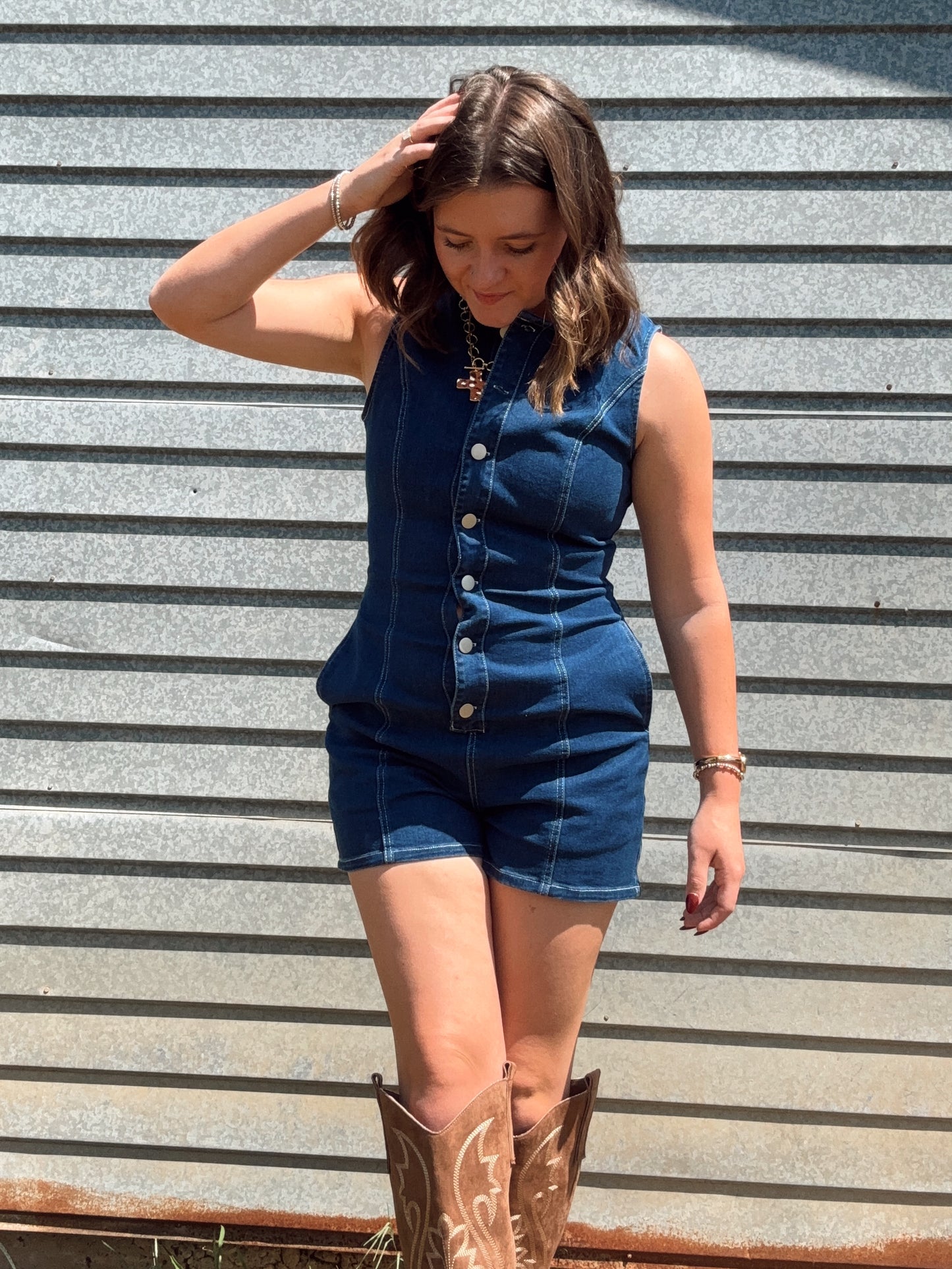 Button Up Sleeveless Denim Romper