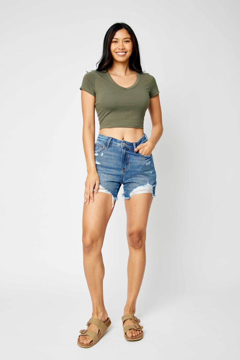 Judy Blue High Rise Rigid Magic Destroy & Fray Hem Curvy Shorts