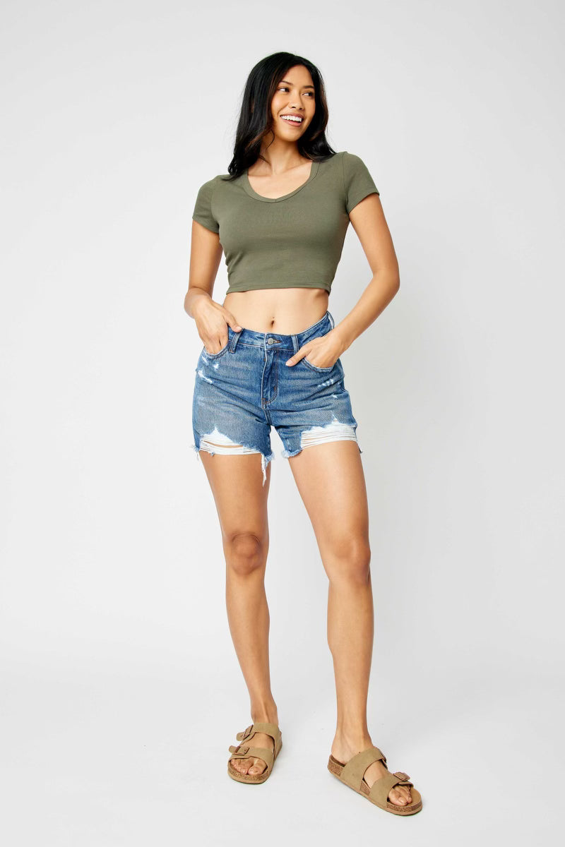 Judy Blue High Rise Rigid Magic Destroy & Fray Hem Curvy Shorts