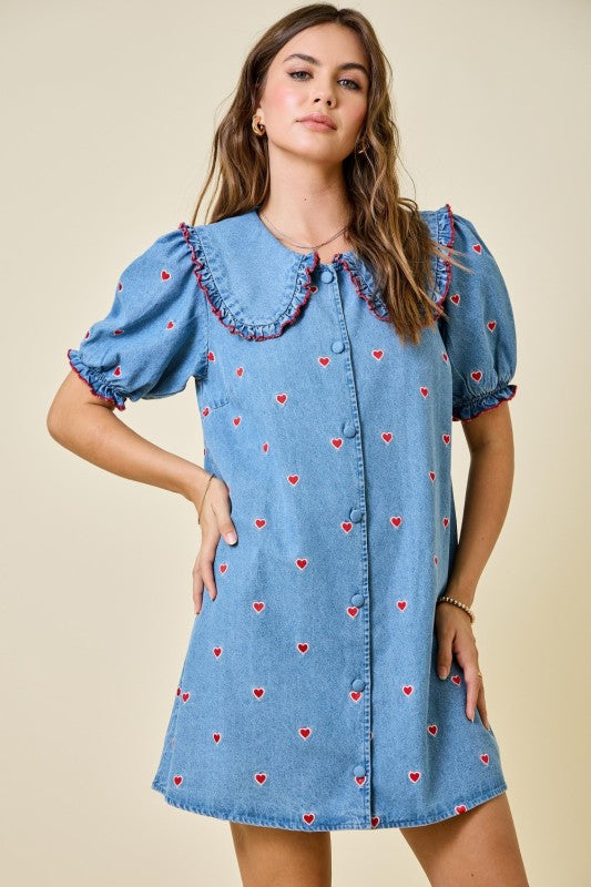 Hearts Embroidered Denim Dress W/ Collar