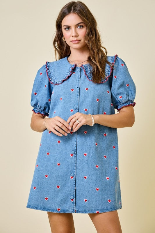 Hearts Embroidered Denim Dress W/ Collar