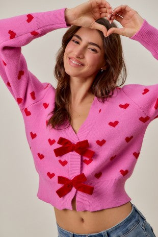 Heart Pattern Velvet Bow Cardigan
