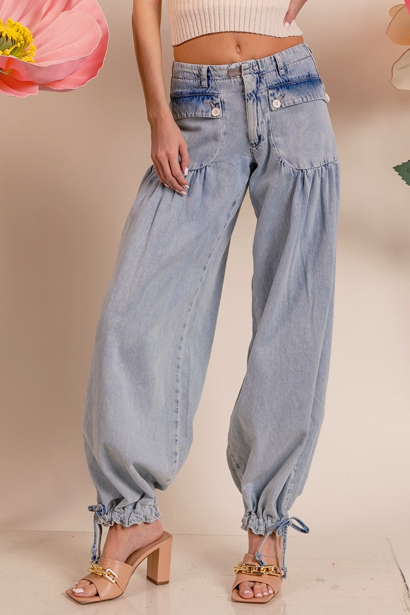 Washed Denim Wide Leg Pants