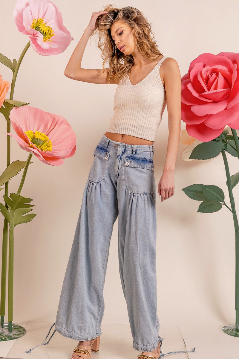 Washed Denim Wide Leg Pants