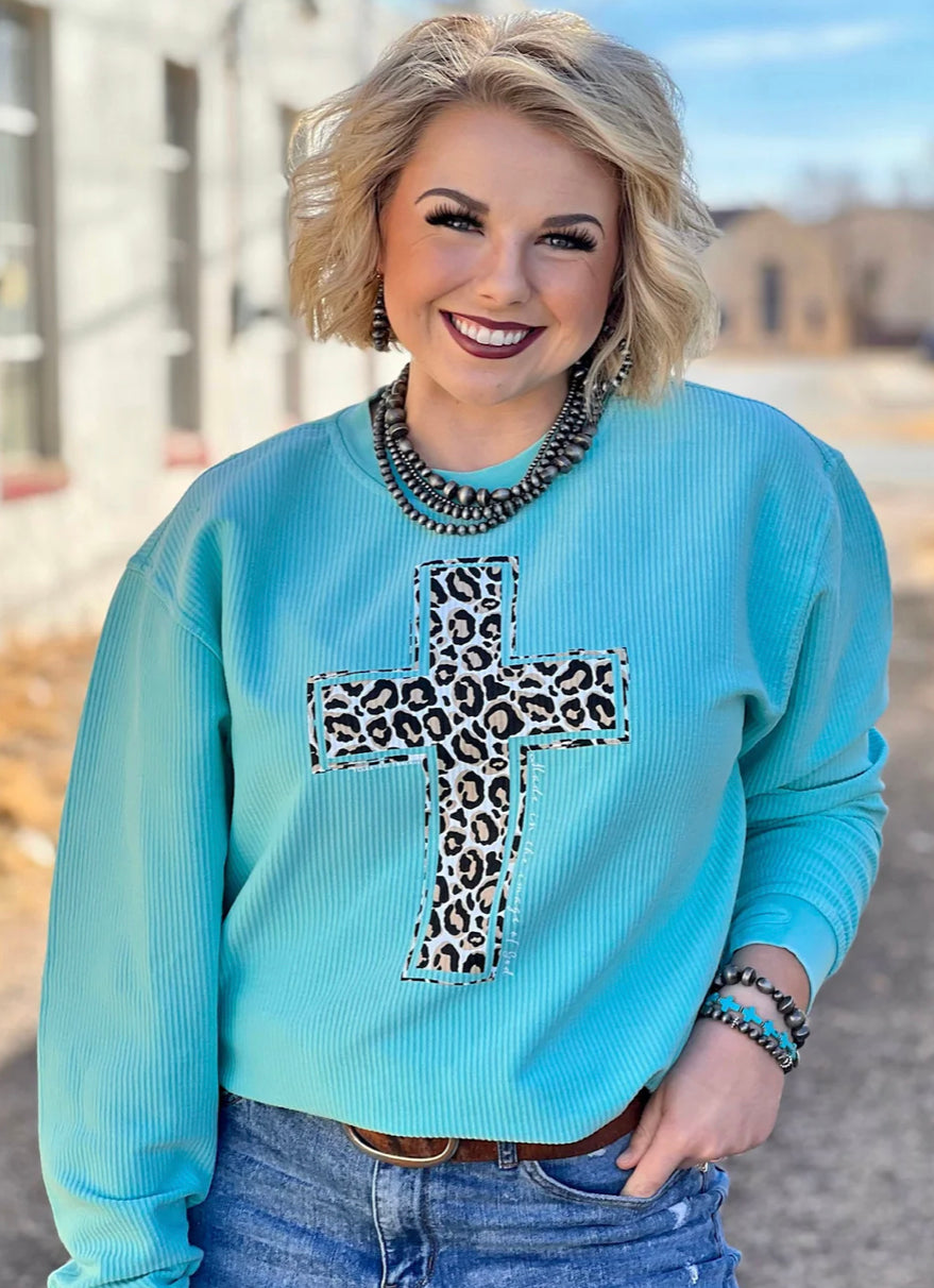 Leopard Cross Corded Long Sleeve Top