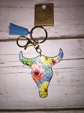 Load image into Gallery viewer, Floral cow skull keychain
