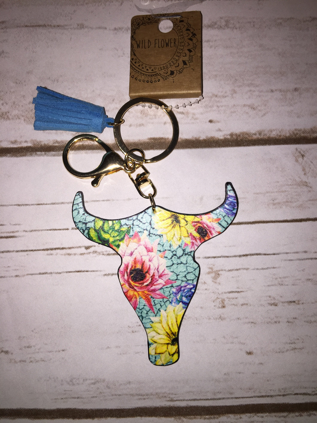 Floral cow skull keychain
