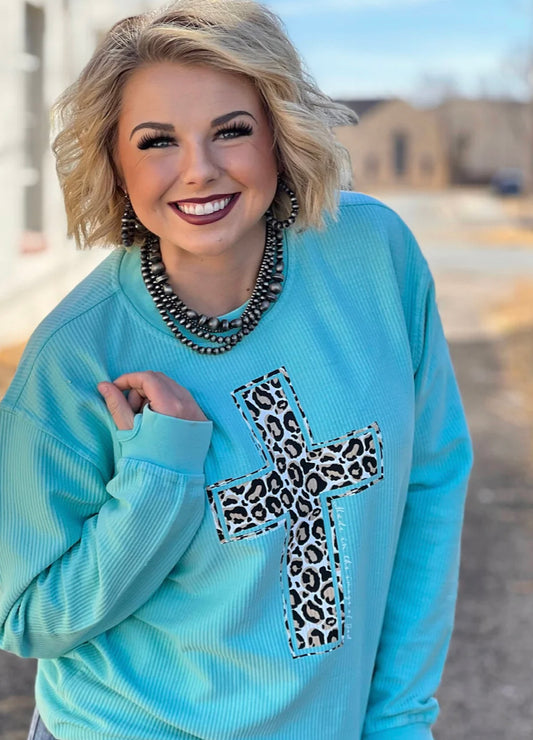 Leopard Cross Corded Long Sleeve Top