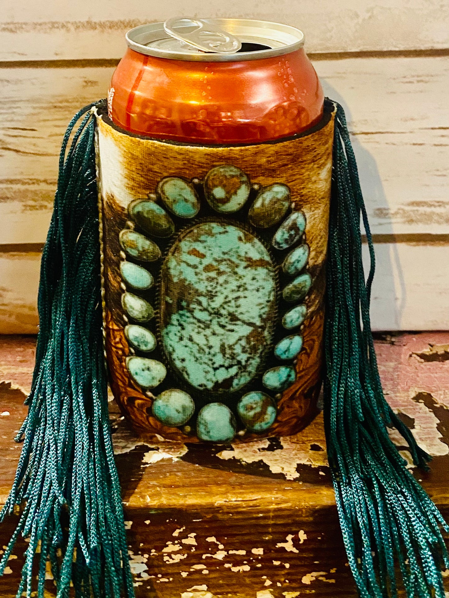 Cow hide and Turquoise Koozie